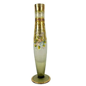 Antique Hand Painted Floral with Gold Trim Glass Bud Vase 8"